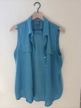 Worthington Teal Blue Striped Sleeveless Blouse